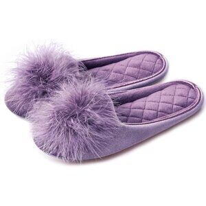Women's Velvet Purple Pom Pom Memory Foam Knit Non Slip Sole Slippers Shoes